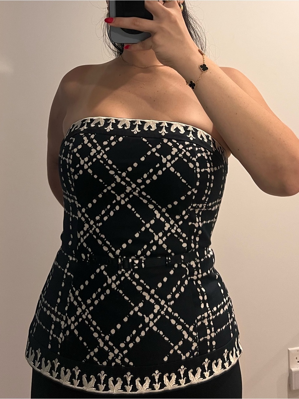 White House Black Market Black Strapless Top with White Lattice Pattern